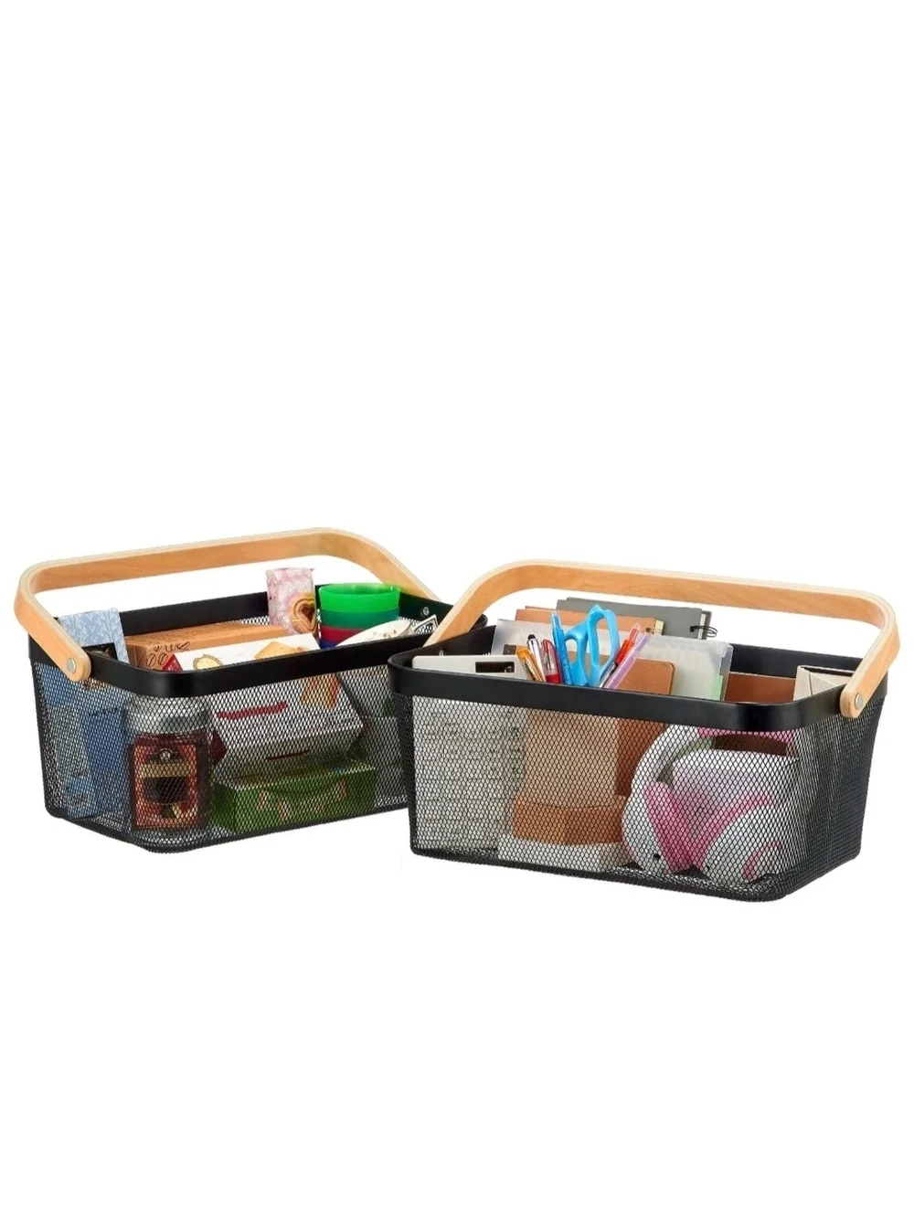 Edifice Black Mesh Wire Storage Baskets Wooden Handle 2 Pack